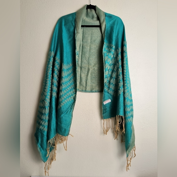 Paskmina 100% Cashmere Teal Blue and Tan Scarf Wrap - Picture 1 of 6